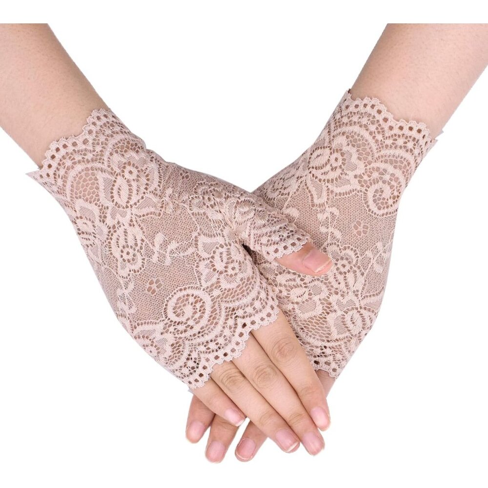 Women's Short St120-Apricot Lace Open Half Finger Gloves Wedding Party Prom